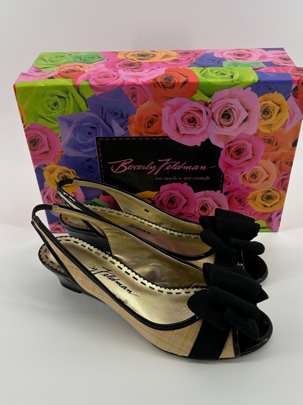 Beverly Feldman Black and Natural Slingback Peep-Toe Wedges with Bow